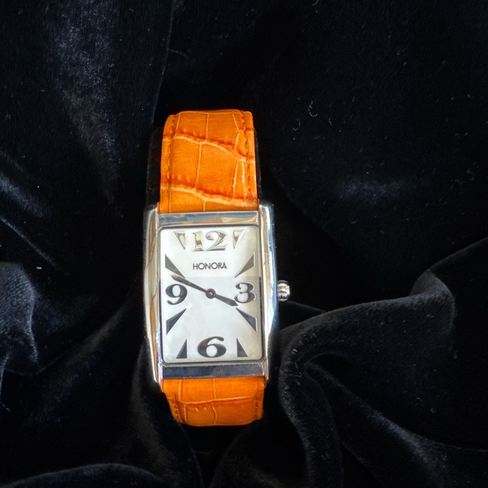 Honora Silver Timepiece with Bold Orange Strap